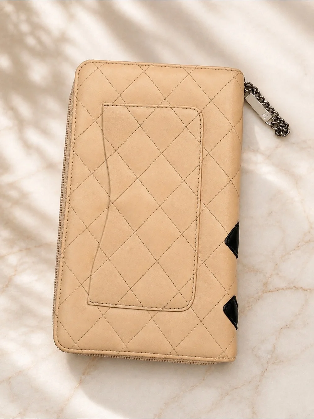CHANEL • Cambon Ligne Large Organizer Wallet • Beige & Black Diamond Quilted